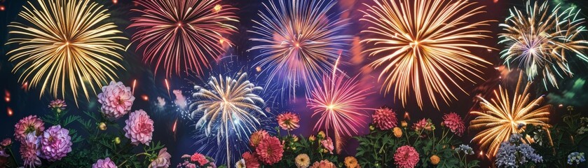Festive explosion of colors as fireworks and flowers come together in a delightful dance under the night sky, evoking wonder and excitement