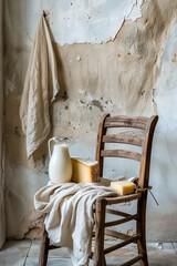 A wooden chair is sitting in front of a wall with a white towel draped over it