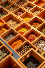A wooden box filled with various spices and herbs