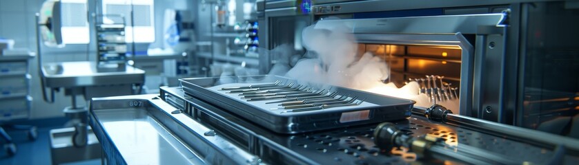 Industrial kitchen with stainless steel equipment.