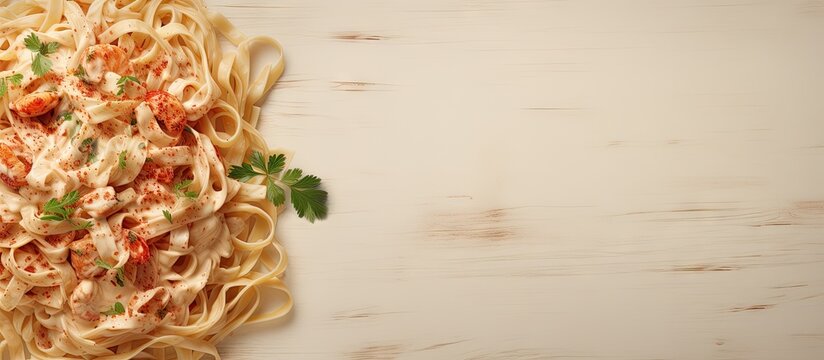 Top view copy space image of Italian pasta featuring shrimp fettuccine with a creamy Alfredo sauce