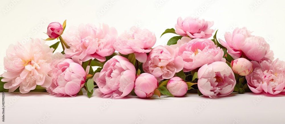 Poster A copy space image featuring peonies positioned at the edge allowing room for text while sitting on a white background