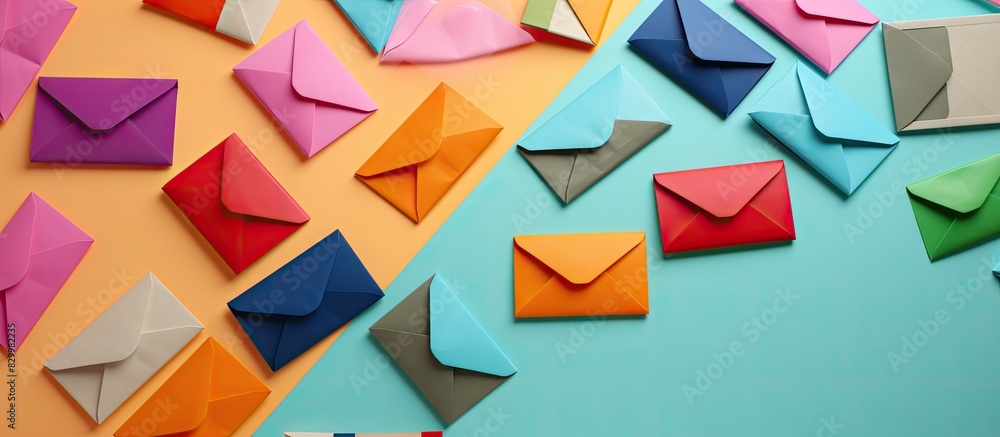 Poster colorful envelopes with cards on a vibrant background creating a lively copy space image