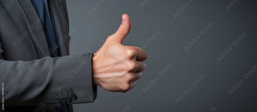 Poster closeup of a man on a grey background giving a thumbs up gesture with copy space available for text