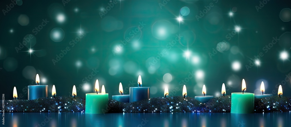 Poster a festive copy space image featuring christmas candles in green and blue hues against a white backdr