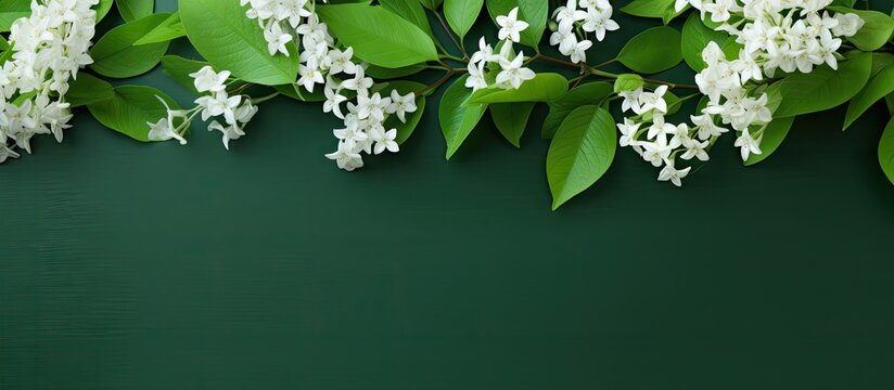 Green leaves and white flowers on the green backgrounds create an appealing copy space image