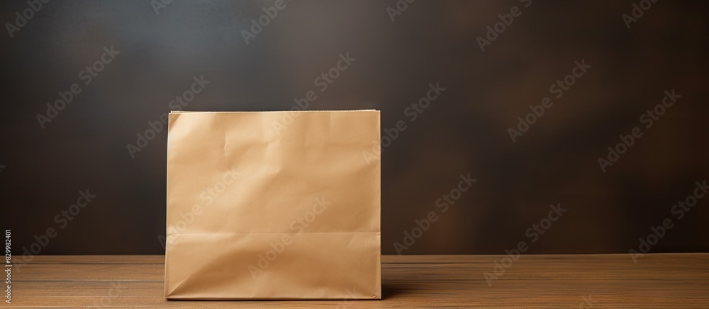 Poster copy space image featuring a recyclable paper bag isolated on a brown paper background perfect for s