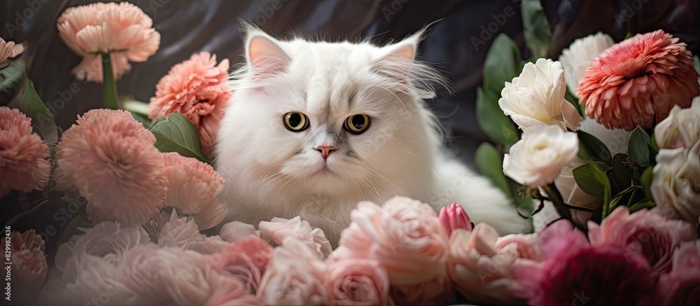 Poster a british cat with white fur can be seen in the vicinity of some flower bouquets copy space image
