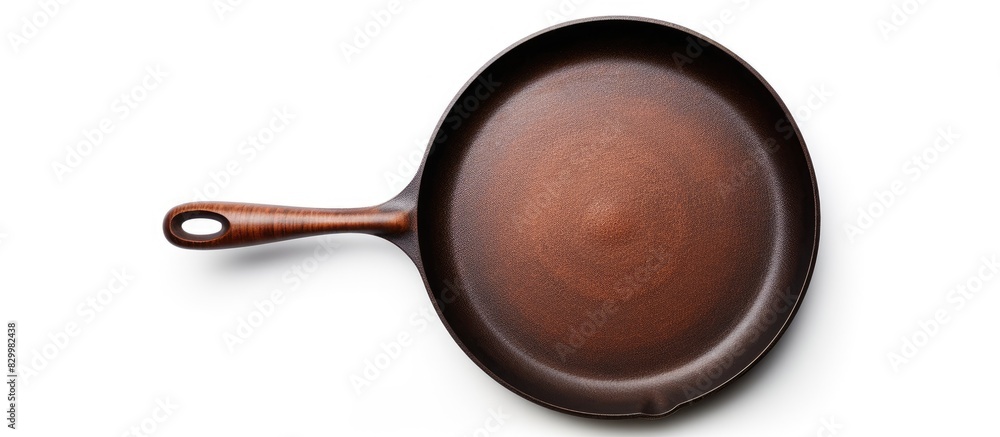 Poster a cast iron frying pan is shown in a copy space image against a white isolated background