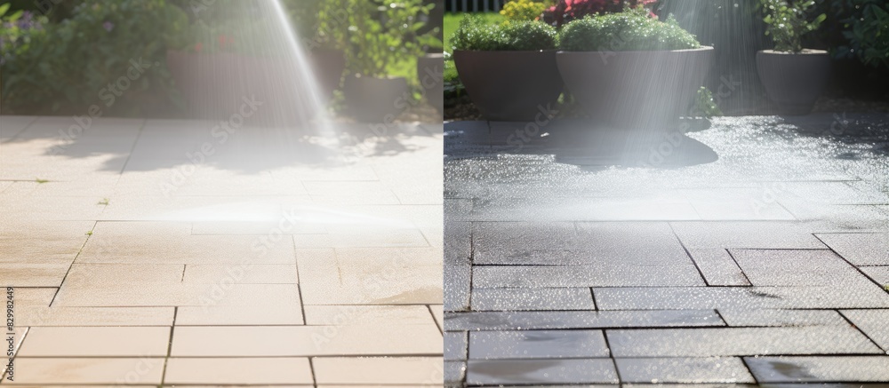 Poster A close up shot of a patio being cleaned before and after using a high pressure water jet washer The image has a full frame background with space for text. with copy space image