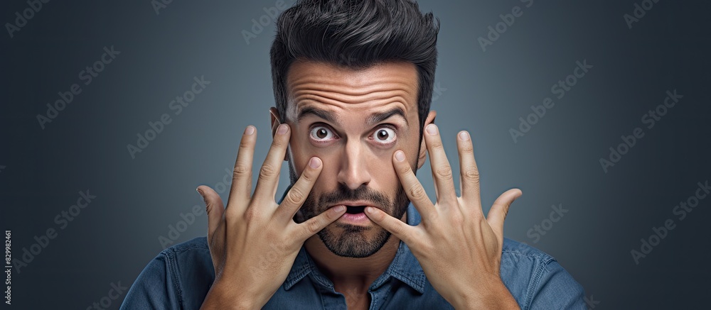 Poster a man in a blue shirt looks amazed as he gestures with his hands and makes eye contact with the came