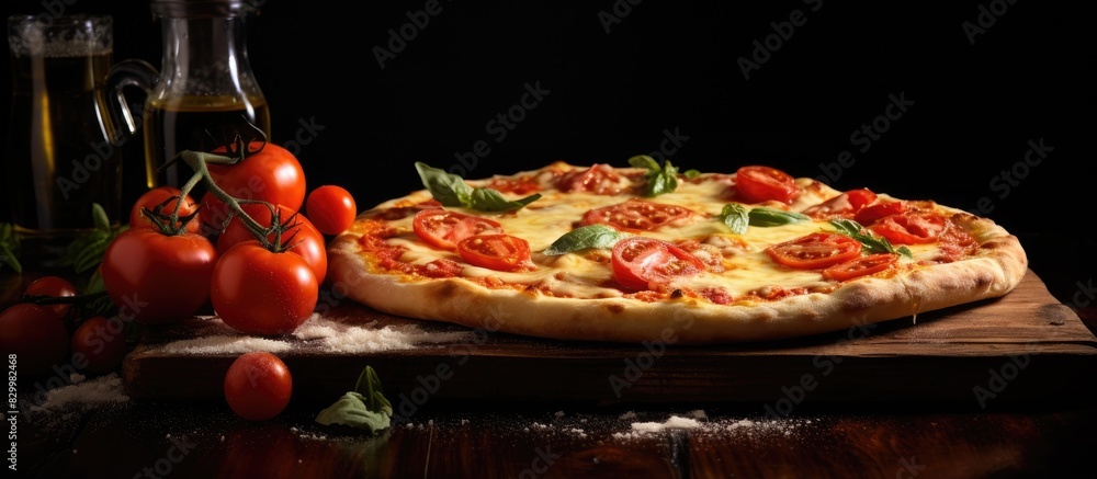 Poster A delicious Italian pizza topped with fresh tomatoes and melted cheese captured in a beautiful image with empty space for text. with copy space image. Place for adding text or design