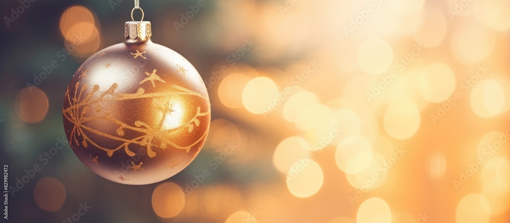 Poster A gold Christmas ornament ball is beautifully displayed on a pine tree creating a festive ambiance with a blurred background to add depth. with copy space image. Place for adding text or design