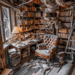 Cozy vintage library with armchair, books, and warm lighting, evoking nostalgia and relaxation. Perfect reading retreat.