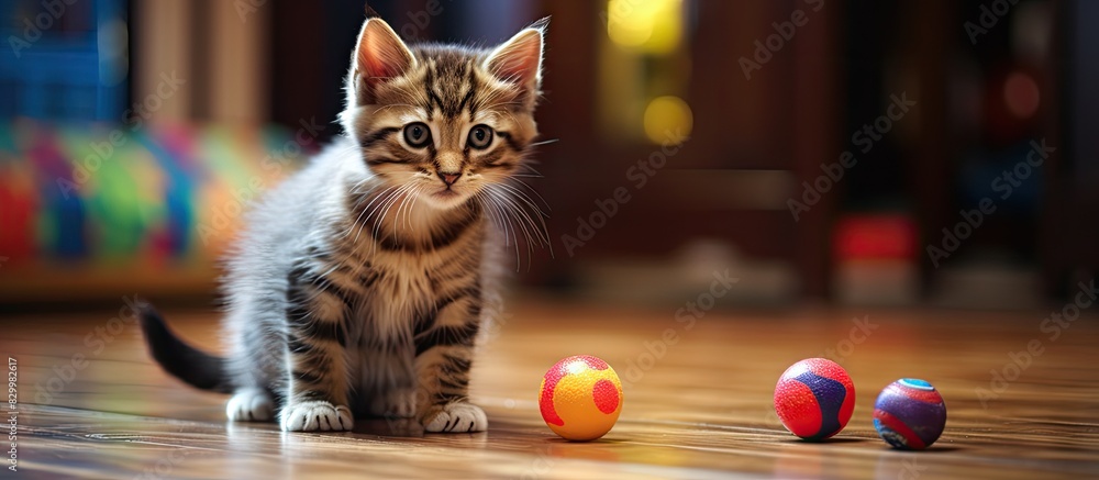 Poster Cat playing with a toy on the floor with plenty of copy space in the image