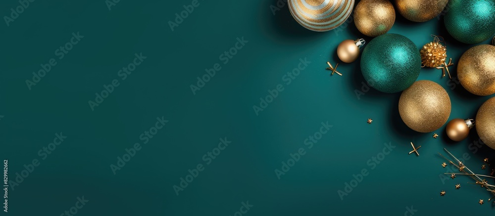 Poster Christmas baubles arranged in a festive composition on a colorful background Capture the top view of the decorative ornaments with ample copy space for your image