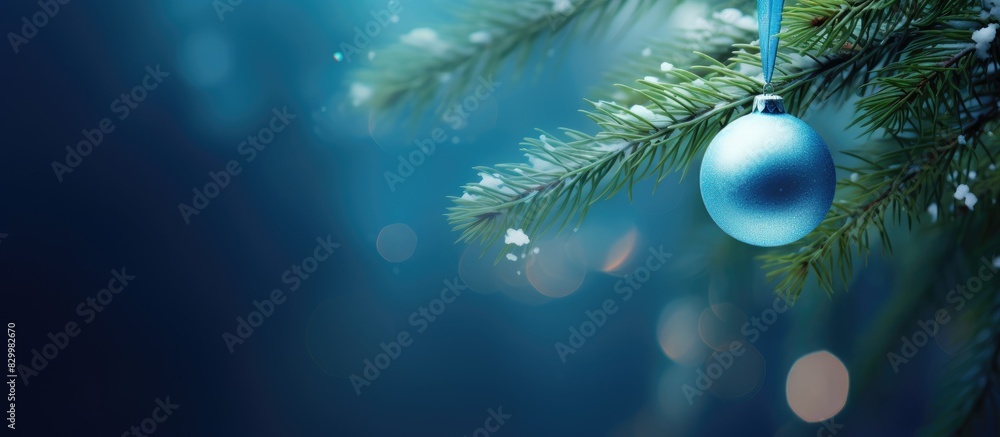 Poster A festive forest branch adorned with a single blue ornament creating a welcoming background for New Year greetings Ample copy space available