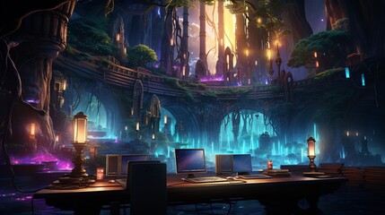 Obraz premium Office setting with glowing laptops and magical elements, fantasy style, illustration, enchanting atmosphere 8K , high-resolution, ultra HD,up32K HD