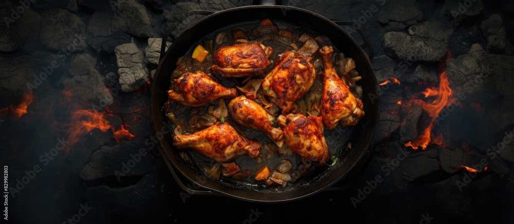 Poster Chicken being baked in an iron pan is placed on a dark stone table as seen from a top down perspective with ample room for additional visuals or text