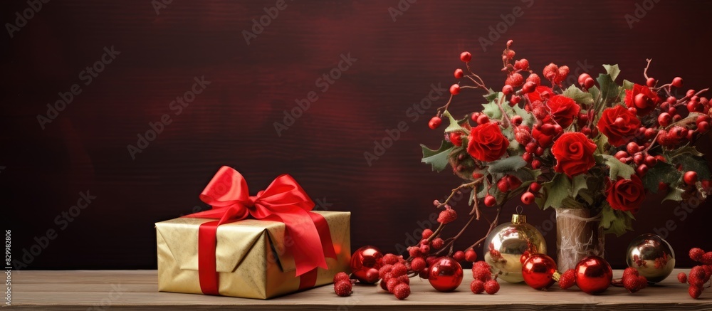 Poster festive holiday setting showcasing a well crafted arrangement featuring a christmas present alongsid