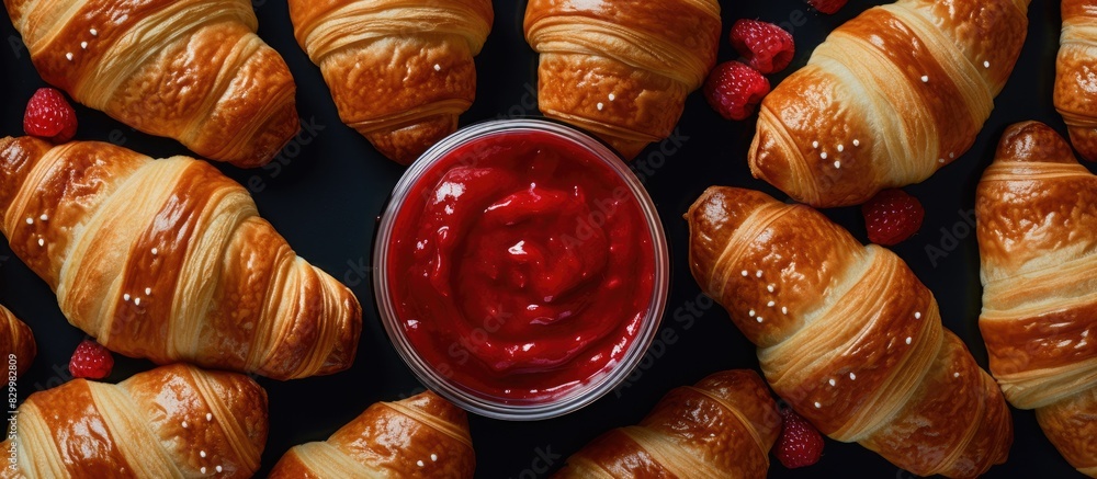 Poster a top down view of croissants spread with strawberry jam leaving space for additional elements or te
