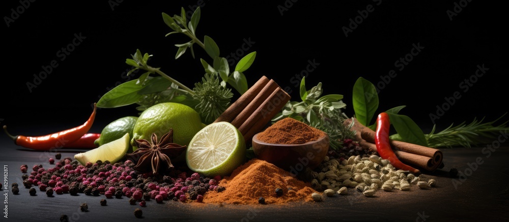Poster a dark background showcasing a captivating composition of fresh aromatic spices copy space image