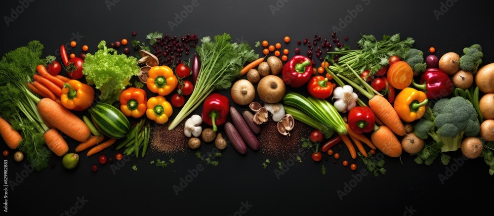 Poster The image displays a top view of various fresh organic vegetables arranged on a black background creating a visually appealing and healthy vegetarian cuisine concept It also features copy space for ad