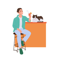 Happy smiling young guy isolated cartoon character drinking juice in cafe spending time with cat