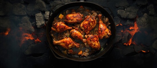 Chicken being baked in an iron pan is placed on a dark stone table as seen from a top down perspective with ample room for additional visuals or text