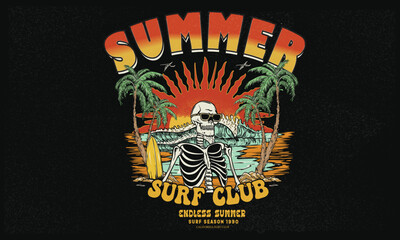 Surf skeletons hand sketch. Summer slogan t-shirt. Surf club design. Beach wave artwork. Summer abstract art. Sunshine paradise graphic print design. Tropical island art for fashion and others.