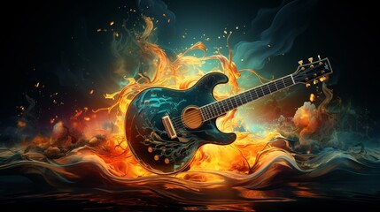 Guitar with fire and water elements intertwined, surreal style, digital painting, contrasting hues 8K , high-resolution, ultra HD,up32K HD