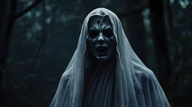 Evil halloween ghost avatar with open mouth coming towards you scary spooky horror background. Generative AI