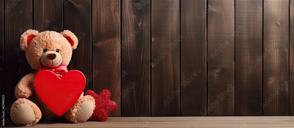Poster a cute teddy bear with a red heart surrounded by a wooden backdrop perfect for valentine s day enhan