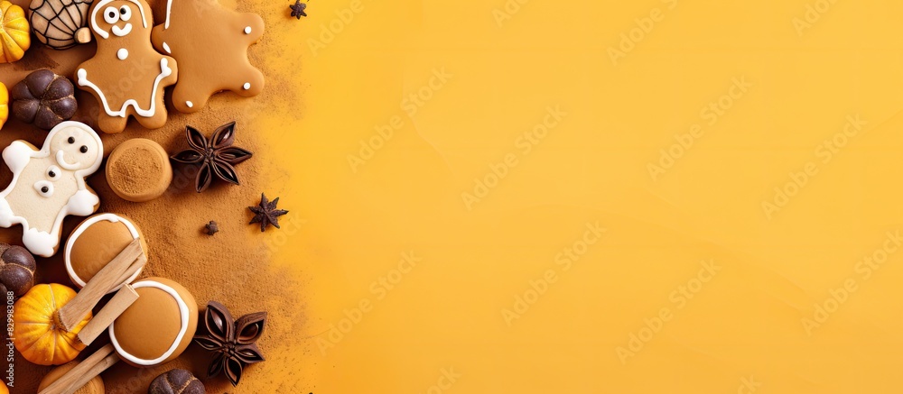 Poster Create a Halloween gingerbread concept with icing cookies placed near a rolling pin baking sheet eggs and flour on a yellow background The top view offers ample copy space for adding text or images