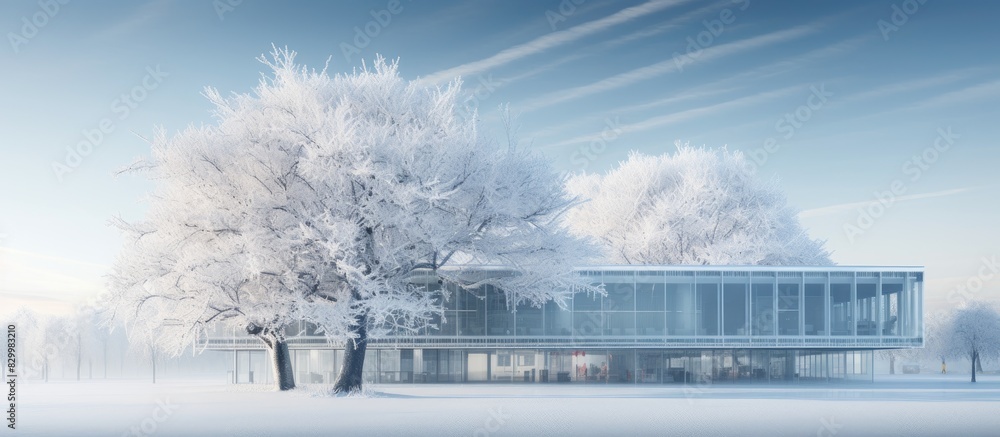 Poster a modern building with a frozen tree covered in hoarfrost is captured in this copy space image