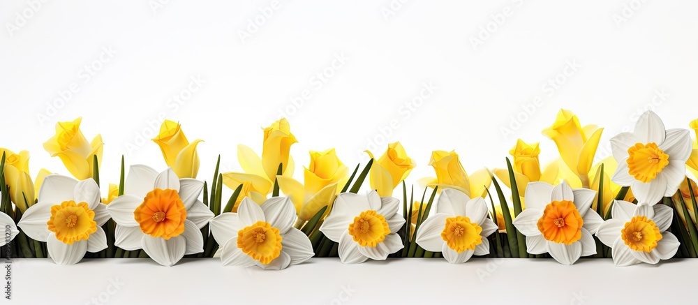 Poster a corner placed image of yellow and white artificial daffodils against a white backdrop creating a s