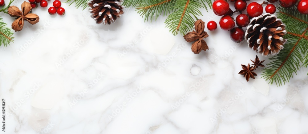 Poster a festive christmas background featuring a pinophyta tree branch adorned with brown pinecones tree l