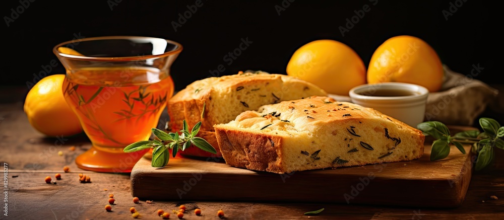 Poster enjoy a delicious italian bread with a copy space image of dried tomato focaccia and a refreshing cu