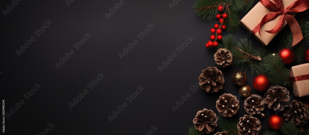 Aufkleber flat lay copy space image of a christmas composition with a festive tree adorned with pine cones sta