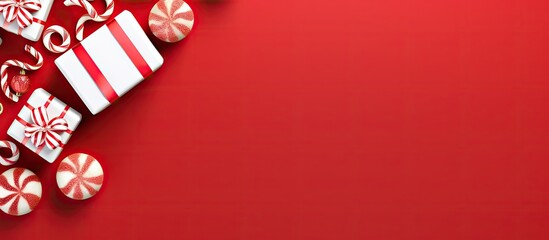 A festive holiday scene featuring a red background adorned with gift boxes candy canes and decorations The flat lay perspective offers a top view with plenty of copy space for your creative needs