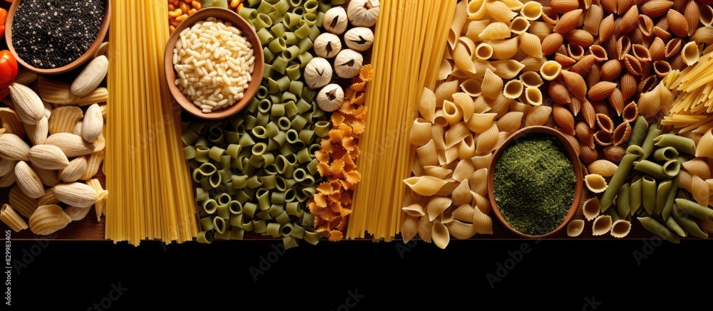 Poster a food background showcasing various types of italian pasta from a top view with copy space image