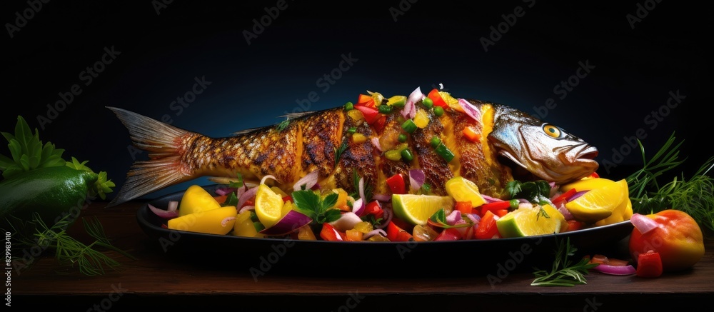 Aufkleber a mouthwatering view of bbq parrotfish accompanied by a refreshing mango salsa the dish is perfectly