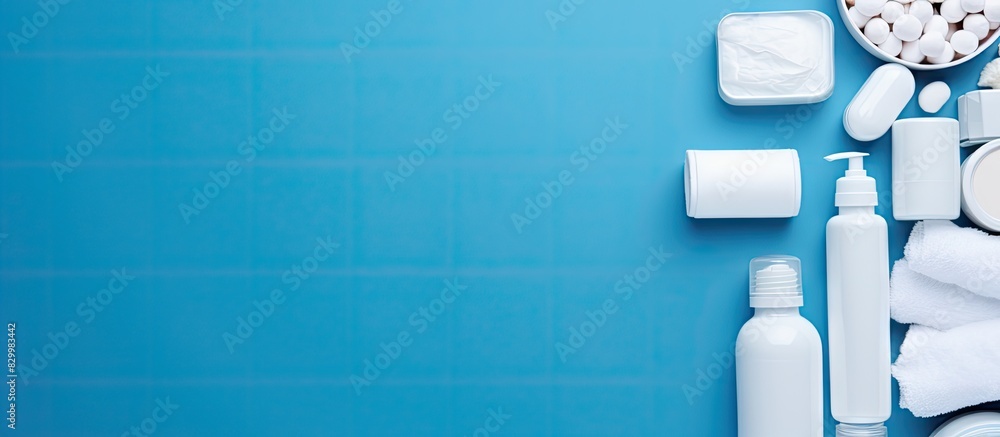 Poster hygienic care products for body and skin packaged in white displayed on a blue background flat lay s