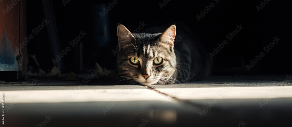 Poster a cat on the floor gazes at the camera from beneath a door s shadow in a copy space image