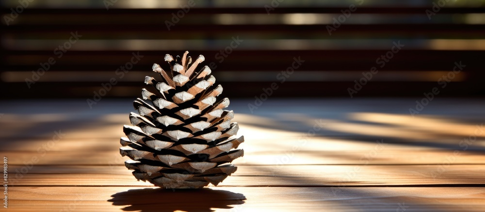 Poster A pine cone exemplifying Fibonacci spirals in nature is placed on a wooden table casting authentic shadows in the copy space image