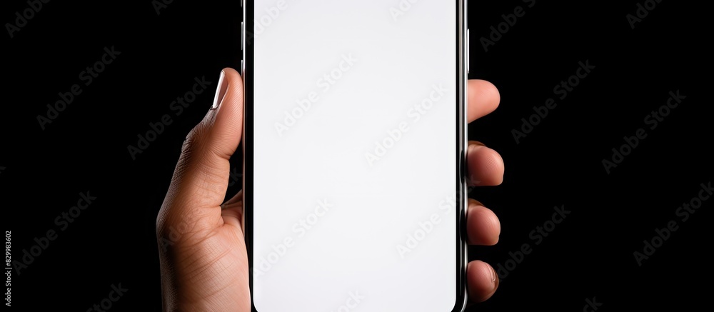 Poster A hand is shown holding a phone with a blank screen in front of a white background creating space for an image or text. with copy space image. Place for adding text or design
