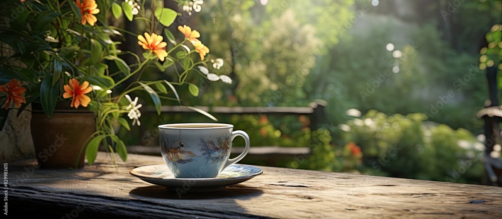 Poster morning scene at a garden cafe with a cup of coffee placed on a table presenting a serene atmosphere