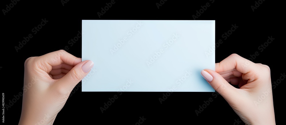 Poster female hand holding a blank card ready for a message or design with ample copy space