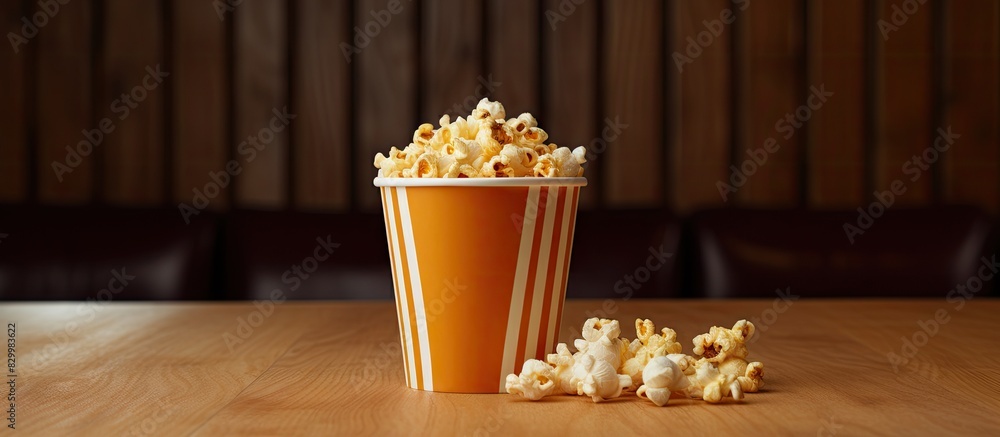 Poster the caramel popcorn is displayed in a paper cup set against a backdrop of a loft with a 35mm film pl