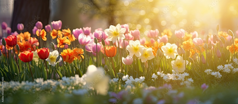 Poster a close up image of spring flowers blooming in the park representing the concept of summer copy spac